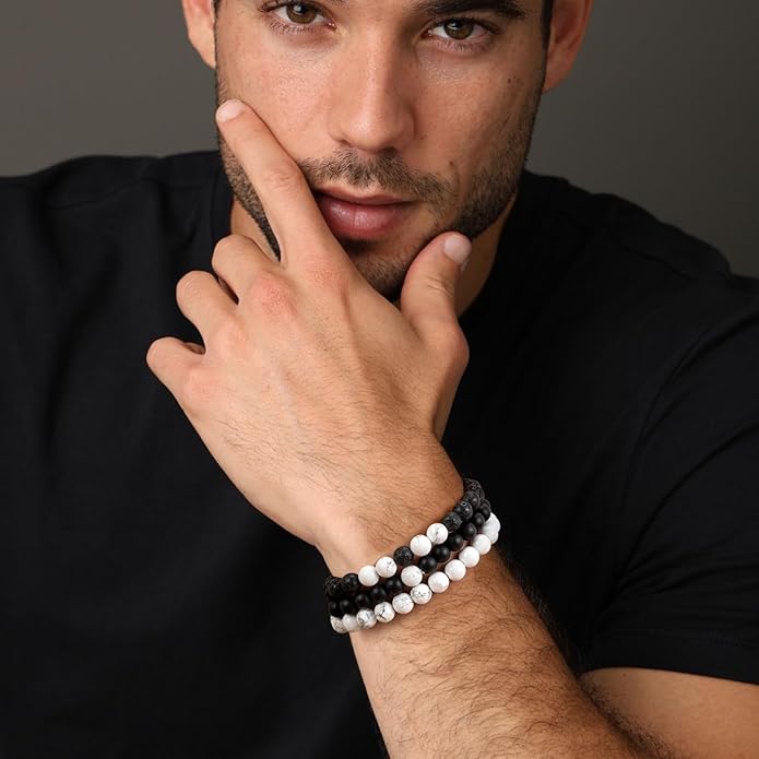 RANKEEF Mens Bead Bracelet Set - Adjustable Elastic Rope With 6&8MM Natural Stone Multi-Colored Beads - Tiger Eye Bracelets for Men - Gift