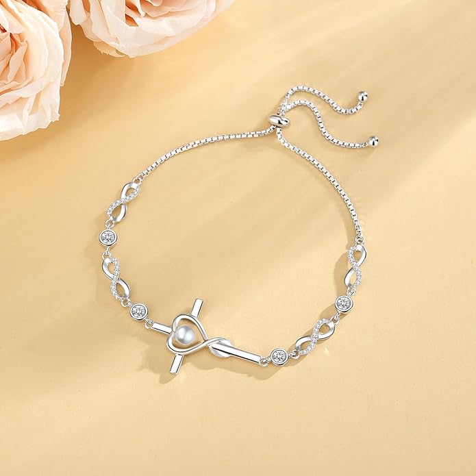 FANCIME Gift for Women Cross Bracelet 925 Sterling Silver Heart Birthstone Bracelet Fine Jewelry Birthday Gifts for Her Women