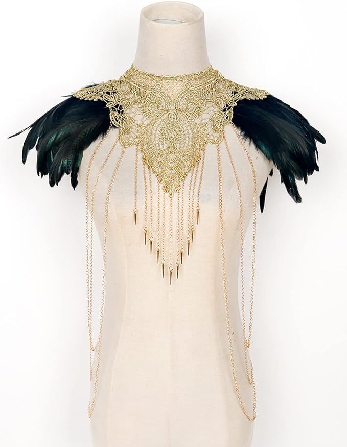 L'VOW Real Black Feather Harness Lace Collar Necklace Bib Halloween