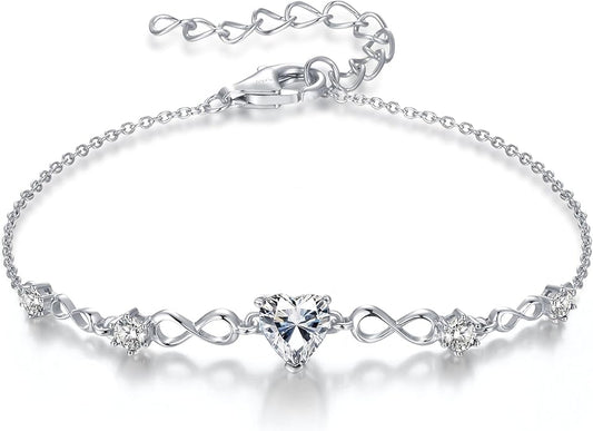 G&GEMSJEW Infinity Heart Birthstone Bracelets for Women, 925 Sterling Silver Women Charm Link Bracelet Adjustable, Birthday Anniversary Christmas Jewelry Gifts for Women Wife Mom Girlfriend Her