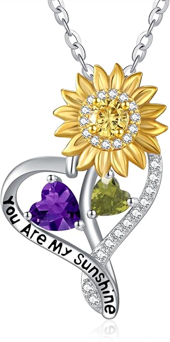 Zeuslia Double Birthstone Necklace Gifts for Wife - 925 Sterling Silver Sunflower/Rose/Crown Cross/Compass/Heart Pendant I Love You Necklace, Anniversary Birthday Gifts for Wife Girlfriend Mom Her