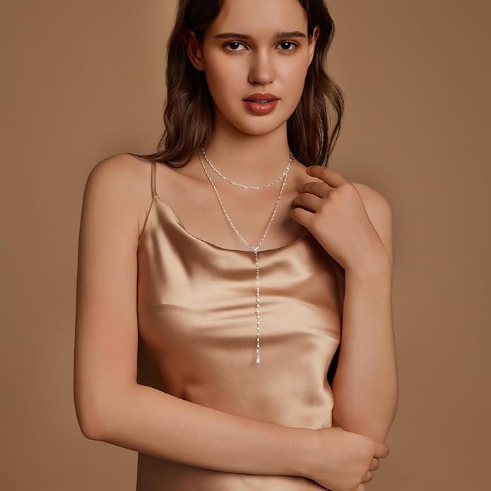 Zeffy Lariat Gold Necklace for Women, Dainty Long Necklace 14k Gold/Silver Plated Layered CZ Beaded Bar Chain Y-Shaped Body Chain Stack Drop Wedding Necklace Trendy Simple Gold Jewelry Gifts