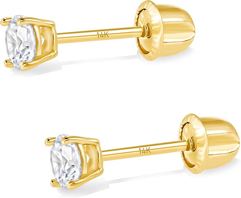 14k Gold Cubic Zirconia Stud Earrings for Women & Men (2mm-6mm Diameter) - CZ Simulated Diamond, Real Solid 14K Gold, Secure Screw Back