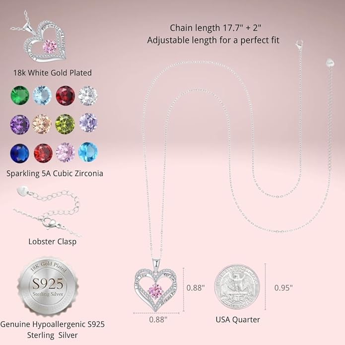 Birthstone Heart Necklace for Women Wife Girlfriend Mom Daughter Gifts S925 Silver Jewelry For Anniversary Rose Gold Gifts For Birthday Christmas Mothers Valentines Day