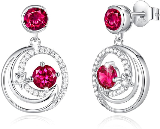 FANCIME Dangle Drop Earrings 925 Sterling Silver Moon Star Round Gemstone Birthstone Jewelry Birthday Christmas Gifts for Her Women