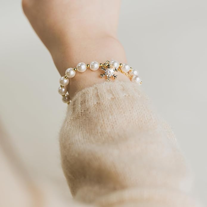 Cowlyn Pearl Bracelets for Women - Dainty 14K Gold Plated Beaded Pearl Link Chain Birthday Christmas Jewelry Gifts for Women