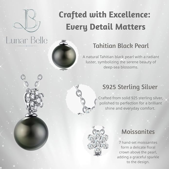 Lunar Belle Black Pearl Drop Pendant with Moissanite Flower Design, 925 Sterling Silver Jewelry, Wedding Gift for HerWoemn Girlfriend Birthday (Deep Sea Blossom)