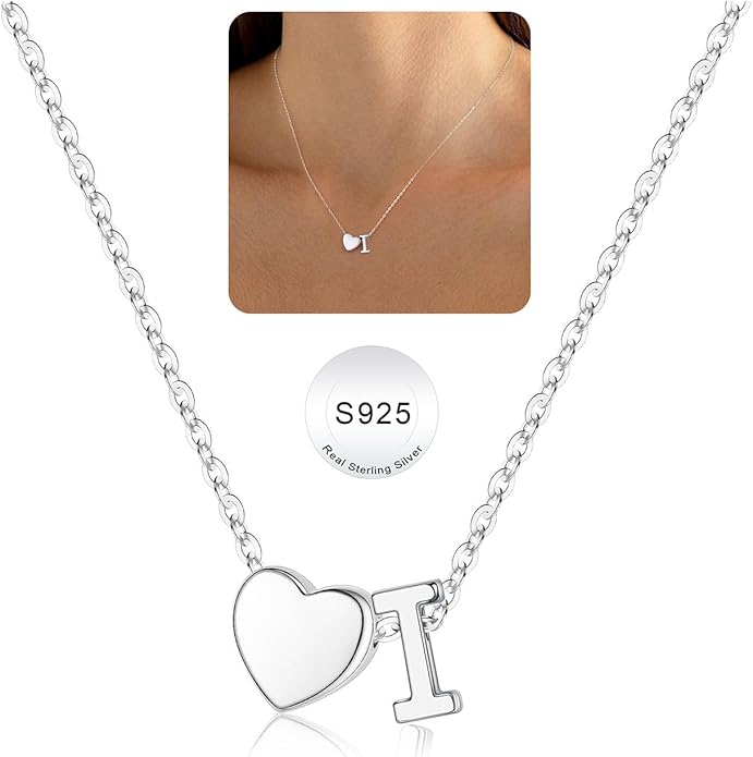 Turandoss Christmas Gifts for Grandkids, Dainty S925 Sterling Silver Heart Initial A-Z Necklace Trendy Silver Initial Jewelry Birthday Gifts for Girls Teen Girls