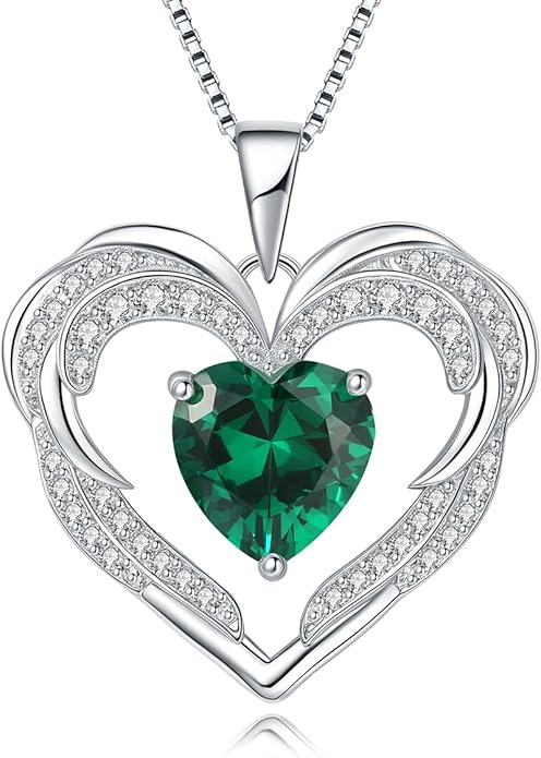 Heart Necklaces Valentine's Gift for Women, Birthstone 925 Sterling Silver Angel Wings Love Pendant Necklaces for Women, Jewelry Gifts for Wife, Anniversary, Mother's day