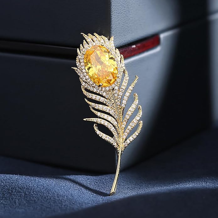14K Gold Feather Brooch Pin with Moissanite Inlay - Elegant Coat and Suit Accessory for Women, Fashionable Business Attire Enhancement