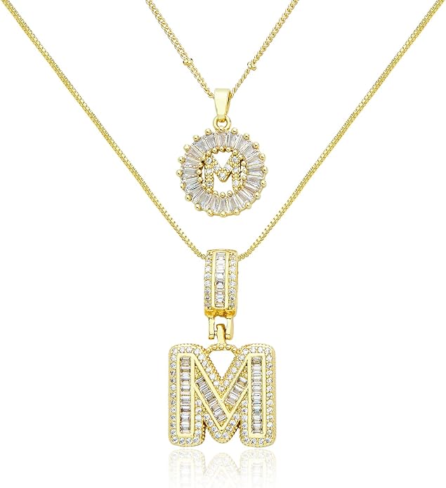 14K Gold Plated Initial Letter Pendant Necklace, Cubic Zirconia Crystal, Copper Chain