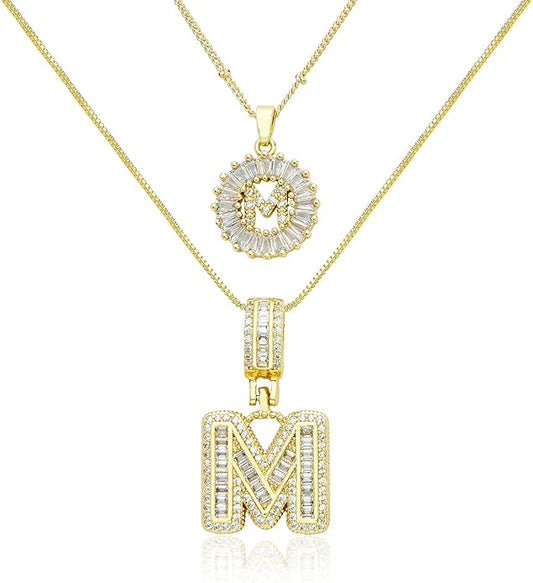 14K Gold Plated Initial Letter Pendant Necklace, Cubic Zirconia Crystal, Copper Chain