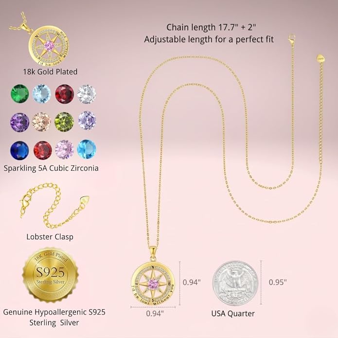Compass Necklace for Women Wife Girlfriend Mom Daughter Gifts S925 Silver Jewelry For Anniversary Rose Gold Gifts For Birthday Christmas Mothers Valentines Day 12 Birthstones