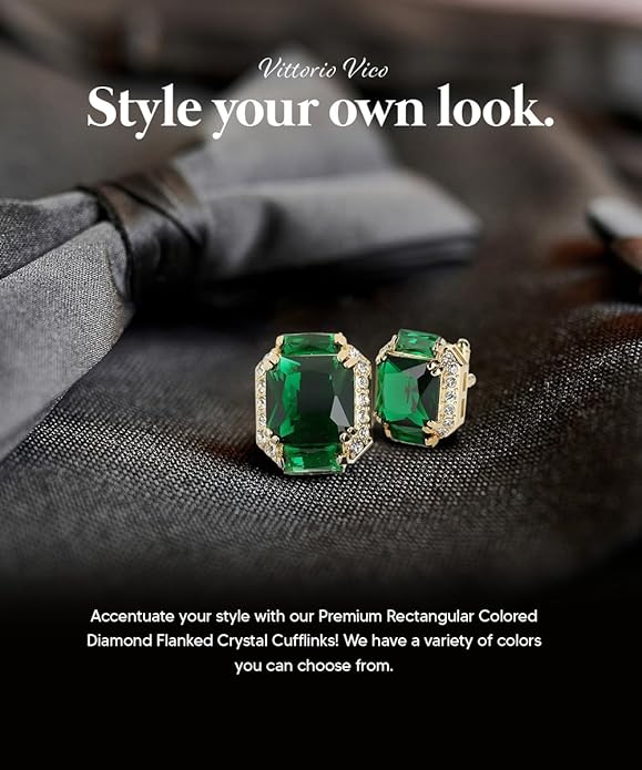 Rectangular Colored Diamond-Flanked Crystal Cuff Links – Tuxedo Suit Accessories, Cufflinks for Men