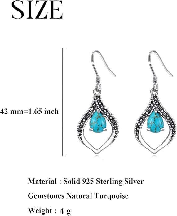 Vintage Genuine Gemstone Earrings for Women Dangling 925 Sterling Silver Western Native American Style Jewelry for Wife Mother