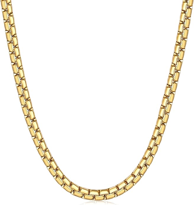 Fiusem Flat Box Chains for Men, 14k Gold Plated Stainless Steel Chain Necklace, 2.5/3/4/4.5/5mm Necklaces for Men and Women 16-28 Inch