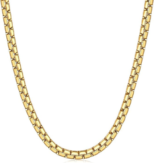 Fiusem Flat Box Chains for Men, 14k Gold Plated Stainless Steel Chain Necklace, 2.5/3/4/4.5/5mm Necklaces for Men and Women 16-28 Inch