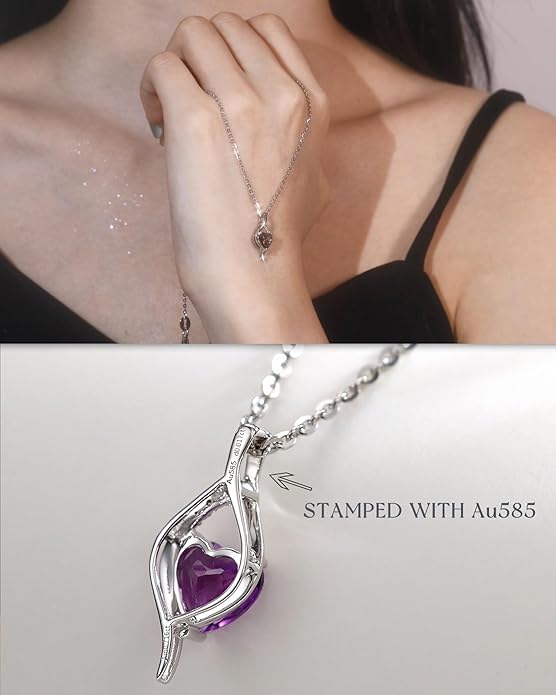 FANCIME 14K Solid White Gold Birthstone Necklace Genuine or Created 6mm Heart Gemstone Pendant with Lab Grow Diamonds Sterling Silver Chain Fine Jewelry Anniversary Birthday Gifts for Women 16" + 2"