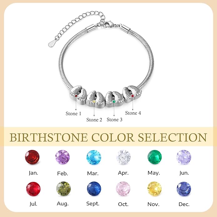 Jeweidea Personalized Foot Charm Birthstone Bracelet – Custom Engraved Bracelet with 1–5 Foot Charms, Name and Date Engraving, Meaningful Jewelry Gift for Mom Wife