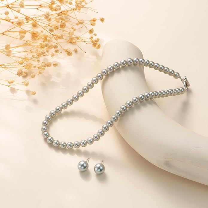 Pearl Necklace 18 inch and Pearl Earrings Studs, Lustrous Gorgeous Imitated Silver/White Pearls Jewelry Set For Women