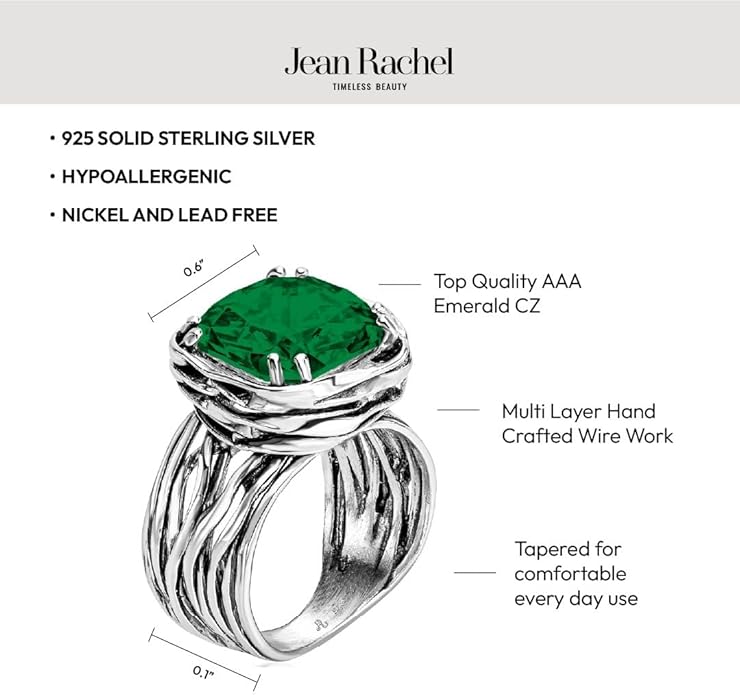 JEAN RACHEL JEWELRY 925 Sterling Silver Ring - Wrap Vintage Design with Cushion Shaped Cubic Zirconia - Hypoallergenic, Lead & Nickel Free - Artisan Handcrafted Statement Rings for Women