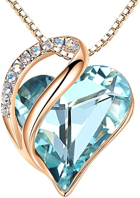 Leafael Rose Gold Plated Necklace for Women: Heart Shaped Birthstone/Healing Crystals Center, Dazzling Cubic Zirconia, Hypoallergenic Chain (18"+2"), Jewelry Gifts for Anniversaries and Birthdays