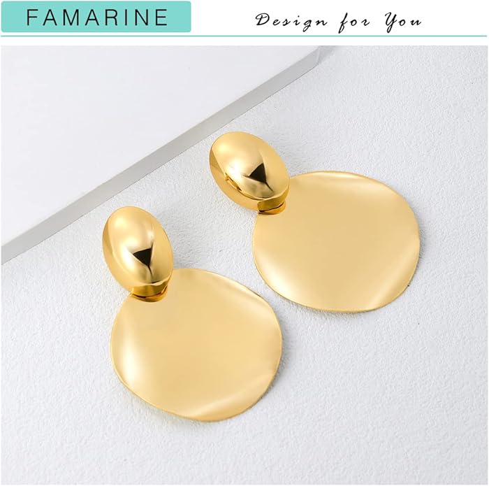 FAMARINE Big Disc Drop Earrings Gold Dangle Earrings Round Hammered Earrings Women