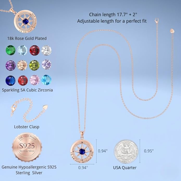 Compass Necklace for Women Wife Girlfriend Mom Daughter Gifts S925 Silver Jewelry For Anniversary Rose Gold Gifts For Birthday Christmas Mothers Valentines Day 12 Birthstones