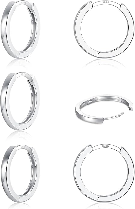3 Pairs 925 Sterling Silver Hoop Earrings 14K White Gold Plated Small Silver Hoops Cartilage Huggie Earrings for Women Men