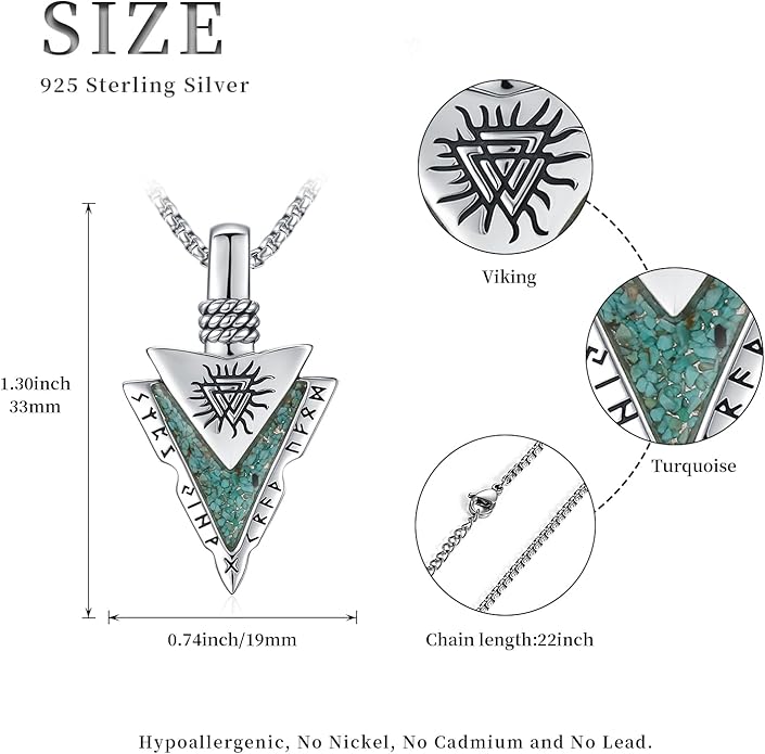 Suiknsn Arrowhead Necklace for Men Women 925 Sterling Silver Turquoise Malachite Celtic/Eye of Horus/Viking Arrow Pendant Amulet Jewelry Gifts Native American Necklace