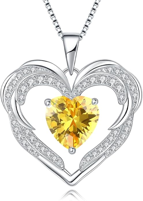 Heart Necklaces Valentine's Gift for Women, Birthstone 925 Sterling Silver Angel Wings Love Pendant Necklaces for Women, Jewelry Gifts for Wife, Anniversary, Mother's day