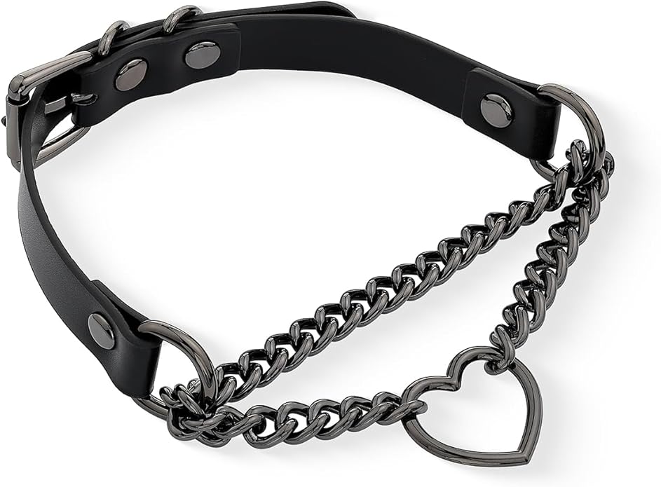 Black/Pink Leather Choker Necklace For Women, Handmade Adjustable Chain Collar with Metallic Heart Ring