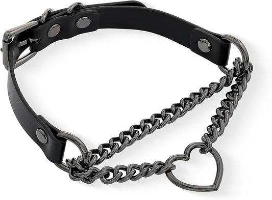 Black/Pink Leather Choker Necklace For Women, Handmade Adjustable Chain Collar with Metallic Heart Ring