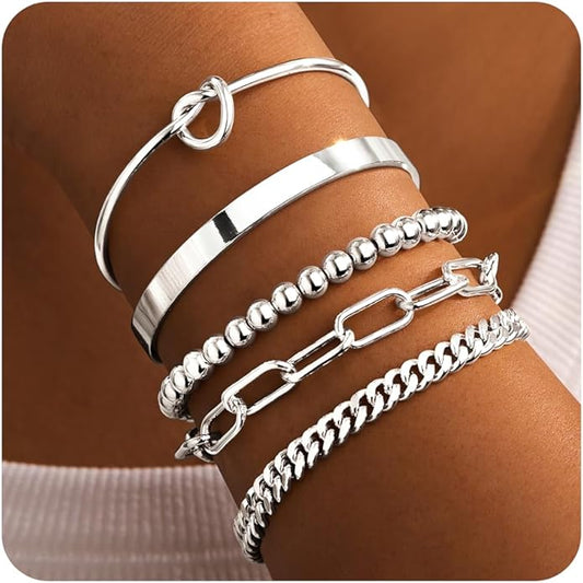 Gold Bracelets for Women Non Tarnish, 14K Gold Plated Chunky Cuff Bracelet Gold Bangles Bracelet for Women Trendy Tie Knot Cuban Rope Paperclip Beaded Bracelet Stack Jewelry Gifts