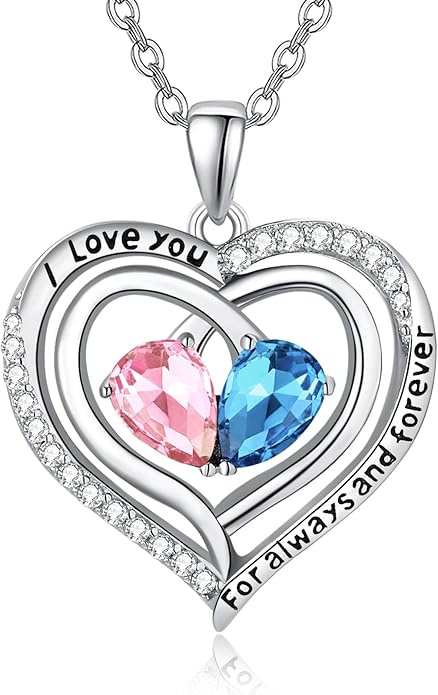 Zeuslia Double Birthstone Necklace Gifts for Wife - 925 Sterling Silver Sunflower/Rose/Crown Cross/Compass/Heart Pendant I Love You Necklace, Anniversary Birthday Gifts for Wife Girlfriend Mom Her
