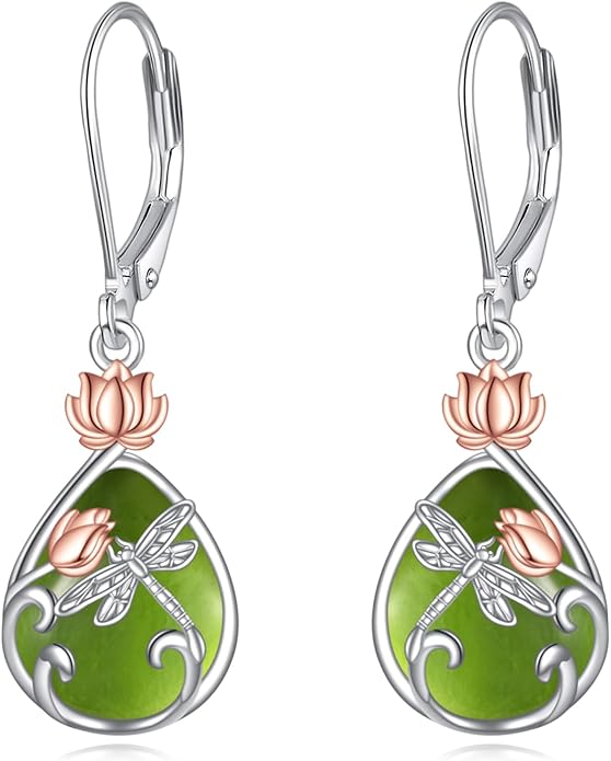 AOBOCO Butterfly/Dragonfly/Bee/Ladybug Leverback Earrings 925 Sterling Silver Rose Lotus Tulip Flower Filigree Dangle Earrings Teardrop Moonstone Larimar Turquoise Abalone Shell Jewelry Birthday Gifts for Women