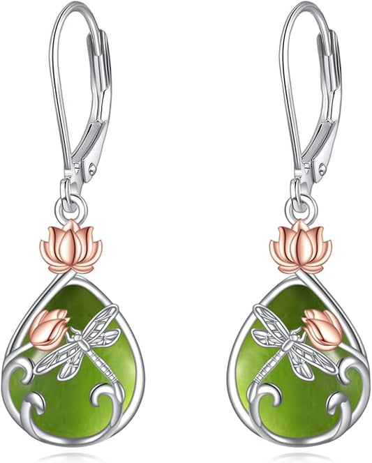AOBOCO Butterfly/Dragonfly/Bee/Ladybug Leverback Earrings 925 Sterling Silver Rose Lotus Tulip Flower Filigree Dangle Earrings Teardrop Moonstone Larimar Turquoise Abalone Shell Jewelry Birthday Gifts for Women