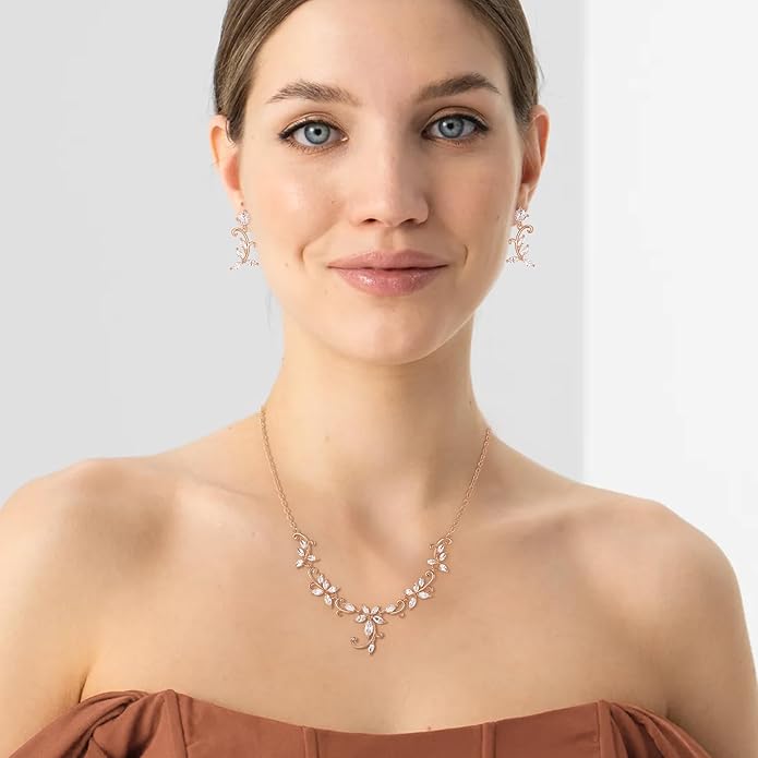 Crysdue Flower Leaf Wedding Jewelry Set for Bridal Bridemaid, Cubic Zirconia Teardrop Elegant Silver/14K/Rose Gold Plated Vine Necklace Dangle Earrings for Prom Party