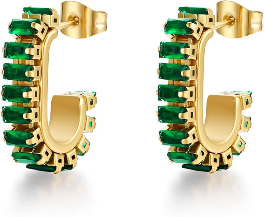 Green Crystal huggie gold hoop earrings for women Girls,14K Gold Plated with 925 Sterling Silver Post color Cubic Zirconia dainty cute Earrings| CZ Stud Earring