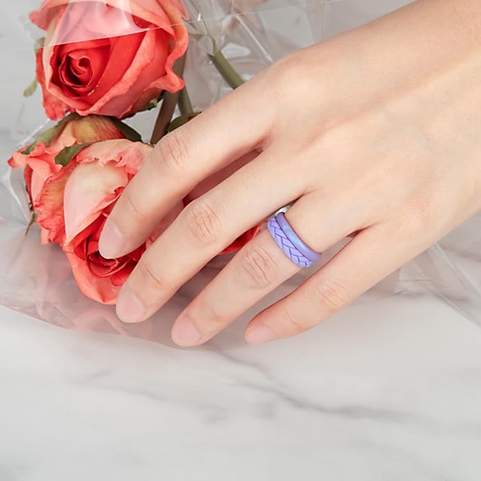 Egnaro Women's Silicone Stackable Rings 3.5mm Wide 2mm Thick, Rubber Flexible Hypoallergenic Wedding Bands For Workout Leaf Braided Fashion