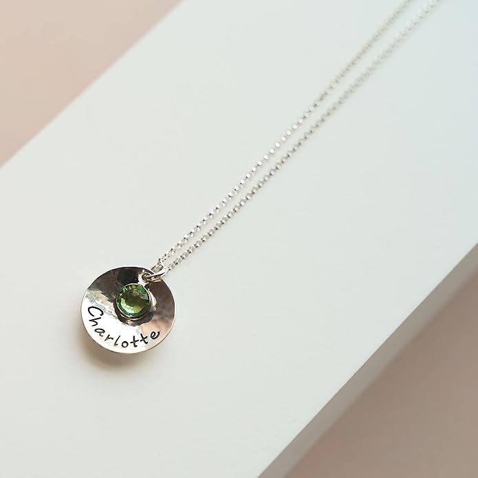 Sterling Silver Personalized Domed and Hammered One Name Necklace. Customize with Your Choice of Characters. Hammered Finish. Includes 925 Chain and Crystal Birthstone. Gifts for Her, Mother, Wife