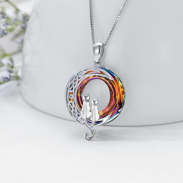 TOUPOP Christmas Cat Gifts for Cats Lovers One Two Three Four Cats Necklace Sterling Silver Cats on the Moon Pendant Necklace with Blue Circle Crystal Birthday Christmas Celtic Jewelry Gifts for Women