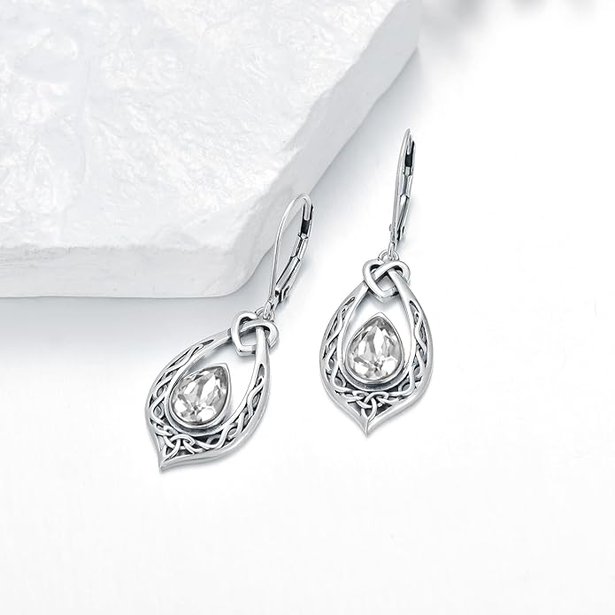 Celtic Knot Dangle Earrings 925 Sterling Silver Oxidized Vintage Drop Leverback Earrings with 8 * 6mm Simulated Birthstone Crystal Christmas Jewelry Gifts for Women (Gift Box)