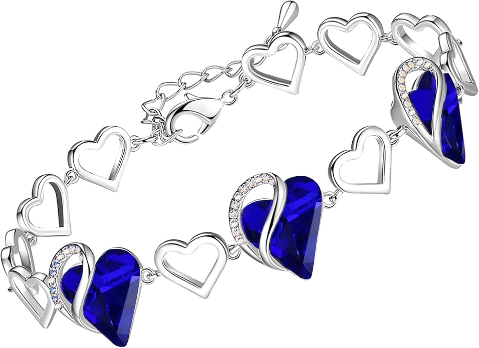 Leafael Infinity Love Heart Link Bracelets, Birthstone or Healing Stone Crystal Bracelet for Women, Silver Tone Jewelry Gifts for Her, 7-inch Chain and 2-inch Extender