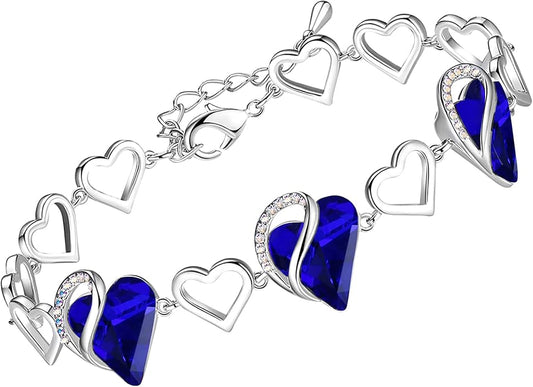 Leafael Infinity Love Heart Link Bracelets, Birthstone or Healing Stone Crystal Bracelet for Women, Silver Tone Jewelry Gifts for Her, 7-inch Chain and 2-inch Extender