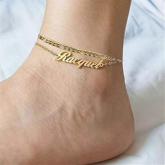 Personalized Name Ankle Bracelet for Women Custom Layered Name Anklet with Initials 18K Gold Plated Graduation Gift Customized Anklets for Women 8.7”-10.7”