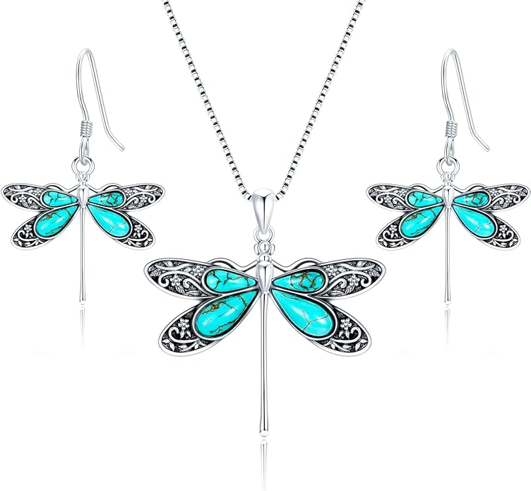 Genuine Dragonfly Turquoise Jewelry Set for Women, Sterling Silver Vintage Native American Western Jewelry Birthdays Gift for Women