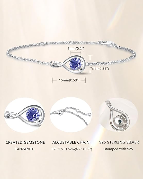 FANCIME Love Bracelet 925 Sterling Silver Infinity Birthstone Bracelets for Women Fine Jewelry Birthday Christmas Gifts for Her Mom Wife, Chain Length 6.7"+1.2" Extend