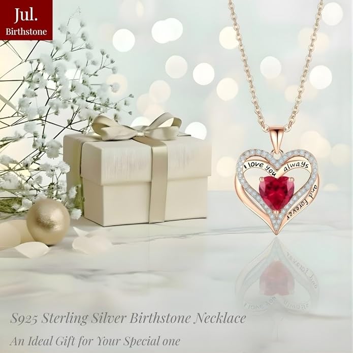 Birthstone Heart Necklace for Women Wife Girlfriend Mom Daughter Gifts S925 Silver Jewelry For Anniversary Rose Gold Gifts For Birthday Christmas Mothers Valentines Day