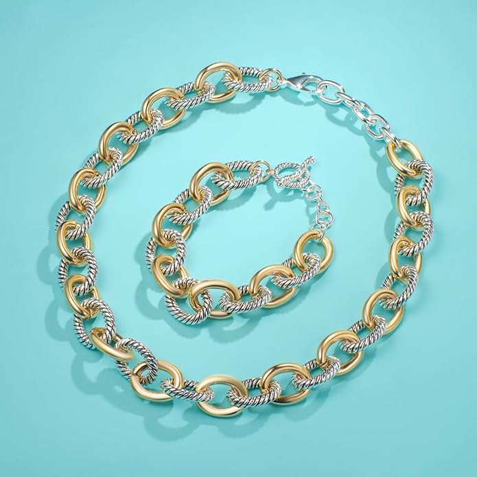 UNY JEWEL Twisted Cable Wire Link Chain Bracelet Two Tone Designer Brand Inspired Women Jewelry Valentine (2 Tone)